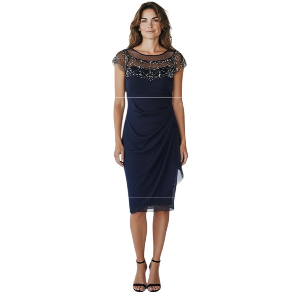 NEW X by Xscape Midnight Blue Beaded Illusion Midi Dress Size 4